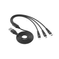 CABLE TRIPLE QCHARX NAPOLI USB A LIGHTNING + TIPO C + MICRO  3A / 1.2 M / ALEACIÓN DE ALUMINIO NEGRO CORDON SUAVE