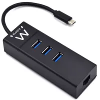 HUB USB EWENT 3 PUERTOS / USB 3.1 GEN1 / PUERTO RJ45 / NEGRO