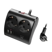 REGLETA EWENT 2 TOMAS SHUCKO 2 PUERTOS USB TIPO A 1 PUERTO USB TIPO C INTERRUPTOR NEGRO
