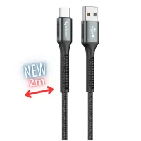 CABLE QCHARX PRAGUE USB TIPO C A USB TIPO A / 2M / ALEACION DE ALUMINIO NEGRO CORDON DE TELA SUAVE