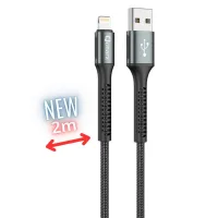 CABLE QCHARX PRAGUE LIGHTNING USB TIPO A / 2M / ALEACION DE ALUMINIO NEGRO CORDON DE TELA SUAVE